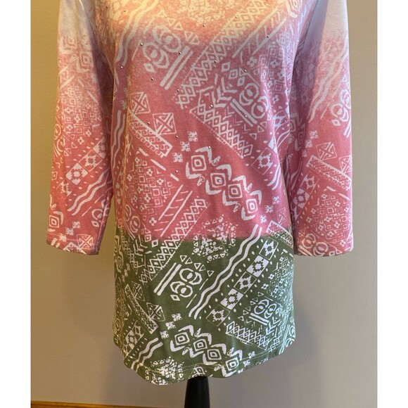 Southern Lady Blouse Sz Large Top White Pink Green Design + Stretch Casual Long - Picture 4 of 10